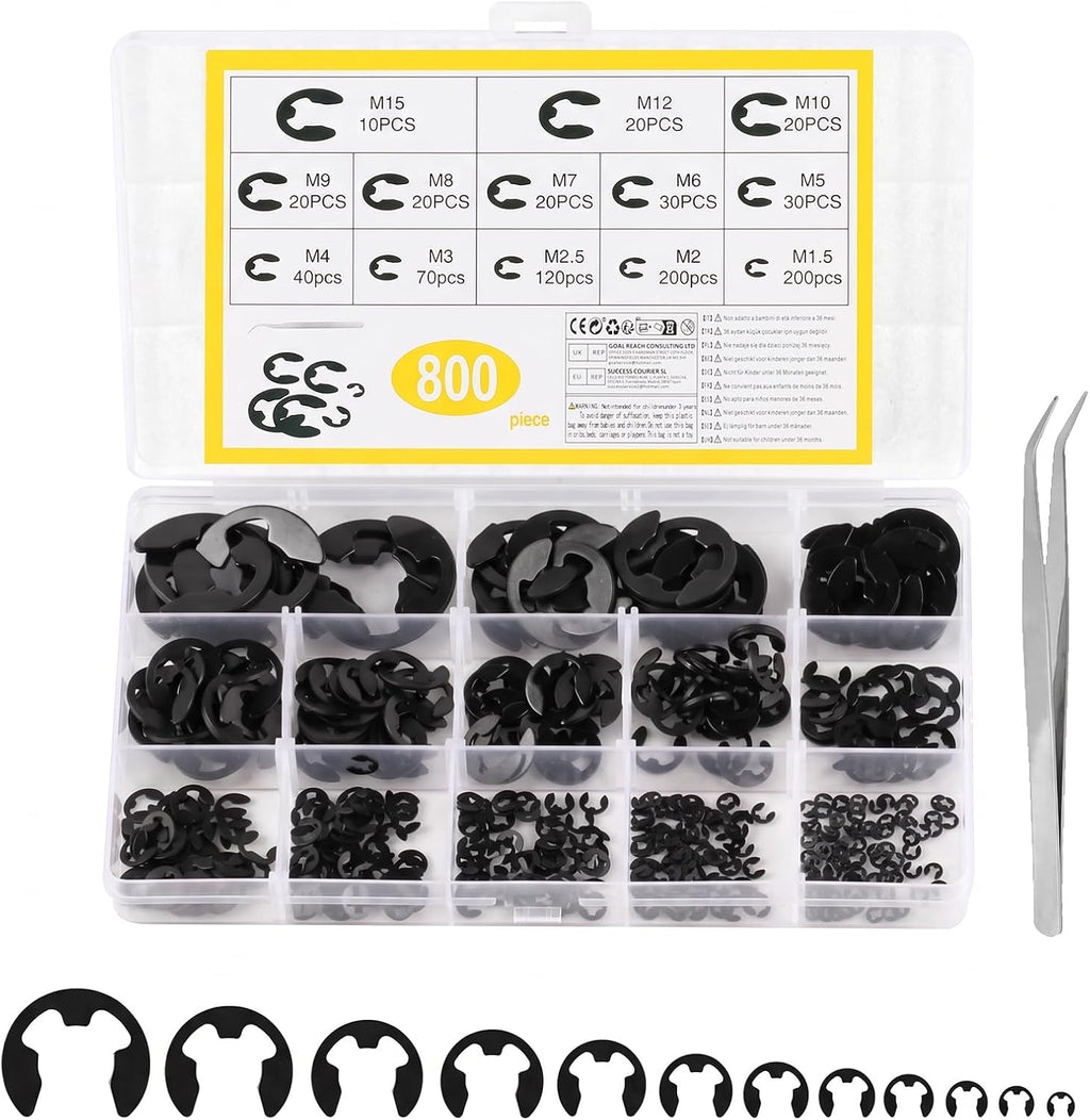 800 Pcs E Clips Assortment Kit, M1.5-M15 Black E-Clip Retaining Rings
