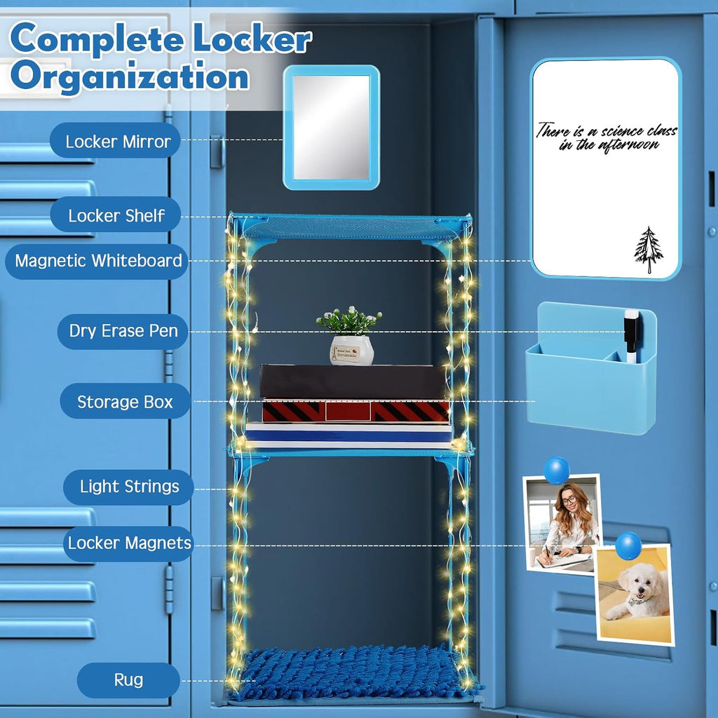 13 Pcs Locker Organizer and Accessories Includes Locker Shelf, Magnetic Pen Holder, Dry Erase Marker, Mirror