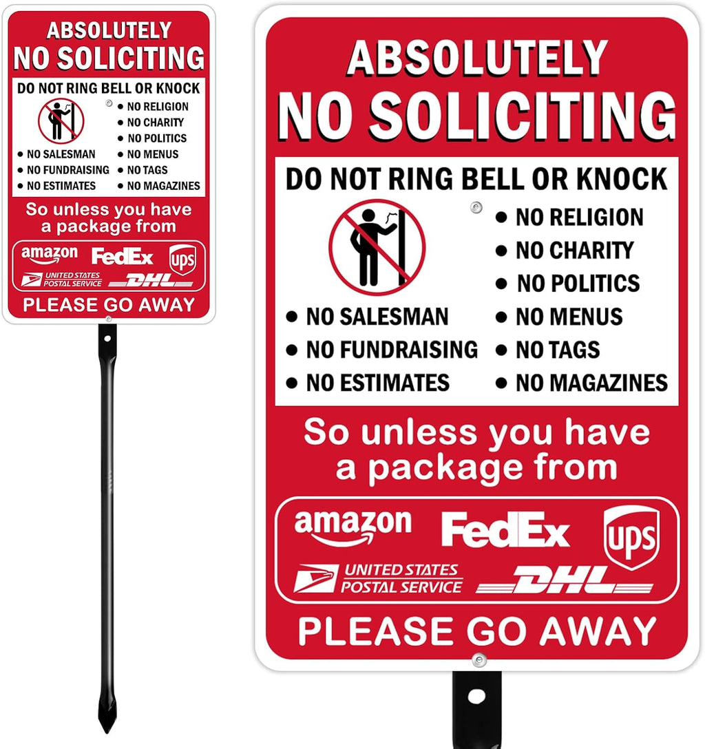 14" x 10" Large No Soliciting Sign with 36" Heavy Duty Steel Stake | Absolutely No Soliciting No Religious Aluminum