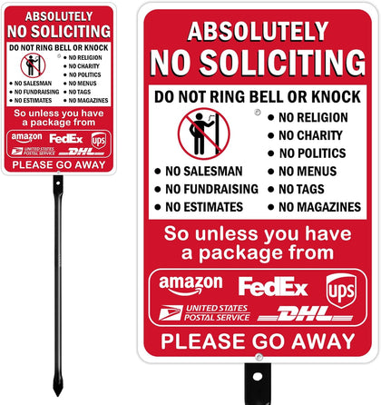 14" x 10" Large No Soliciting Sign with 36" Heavy Duty Steel Stake | Absolutely No Soliciting No Religious Aluminum
