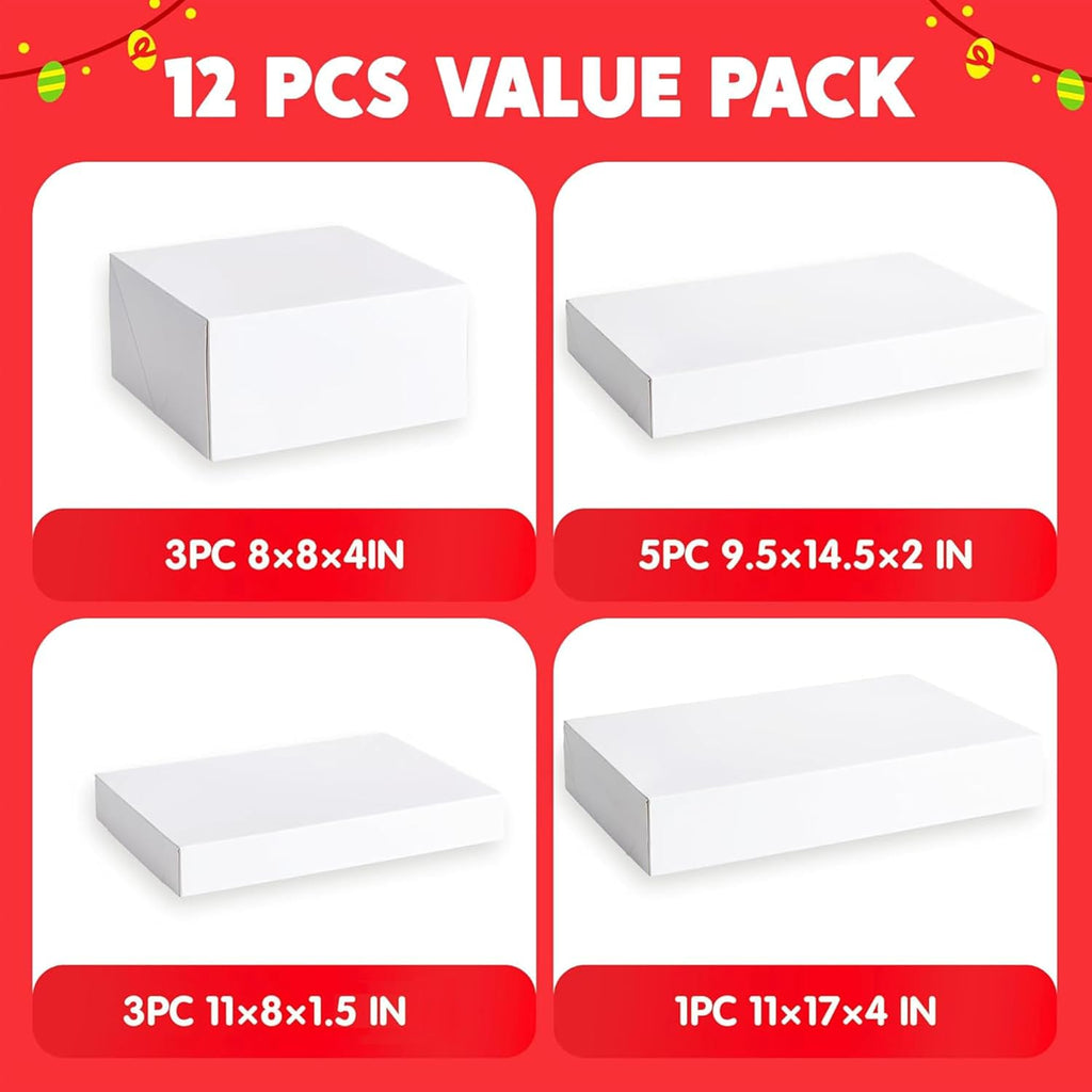 12PCS Christmas White Gift Boxes with Lids for Presents, 4" Deep Large Shirt Robe Wrapping Box, 4 Different Sizes