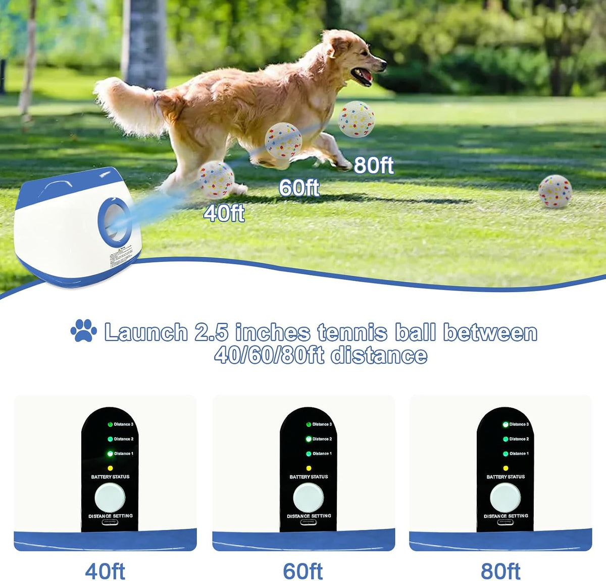 Automatic Ball Launcher for Dogs Large- 3 Distance Settings (40/60/80FT) w/Remote Control | 2.5" ETPU Tennis Balls |