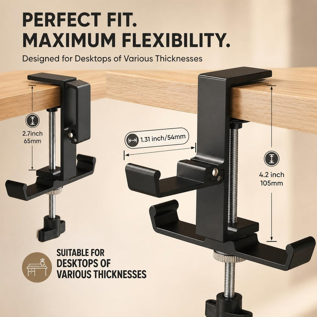 Headphone Stand for Desk, 3 Hooks Aluminum Alloy Headphone Holder (1 Foldable+2 Fixed) Space Saving Headset Stand