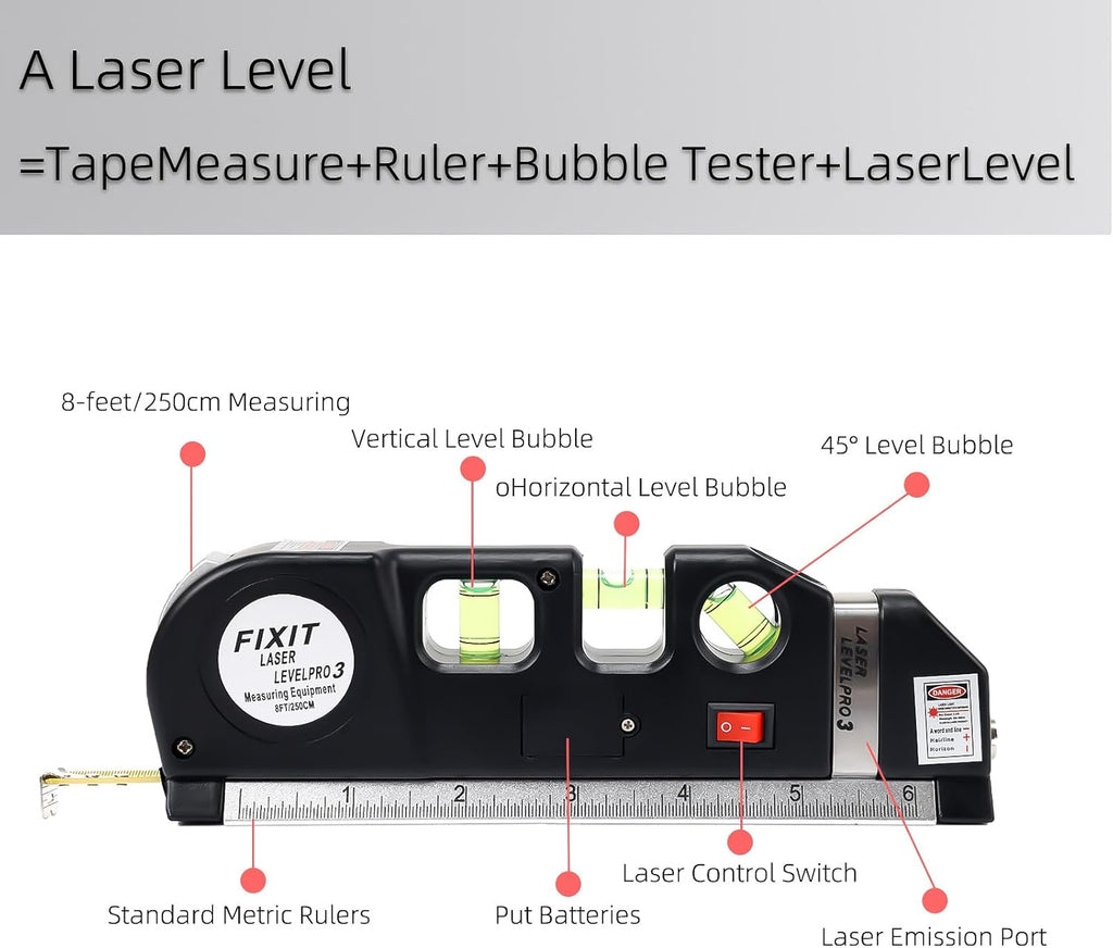 Laser Level Line Tool, Standard Cross Line Laser Leveler Beam Tool with Metric Rulers 8ft/2.5M, Multipurpose Laser