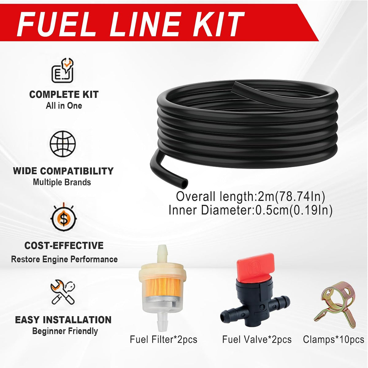 Gas Fuel Line Kit, 6.56 FT Fuel Hose with Clamps Valve, and Filter, Universal Gas Line Hose Kit for Briggs and