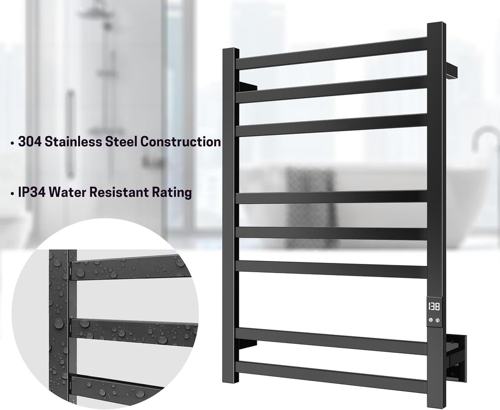 Heated Towel Rack, 8-Bar Wall Mount, Matte Black Stainless Steel | 304 stainless steel, 115-155°F adjustable, 1-24H