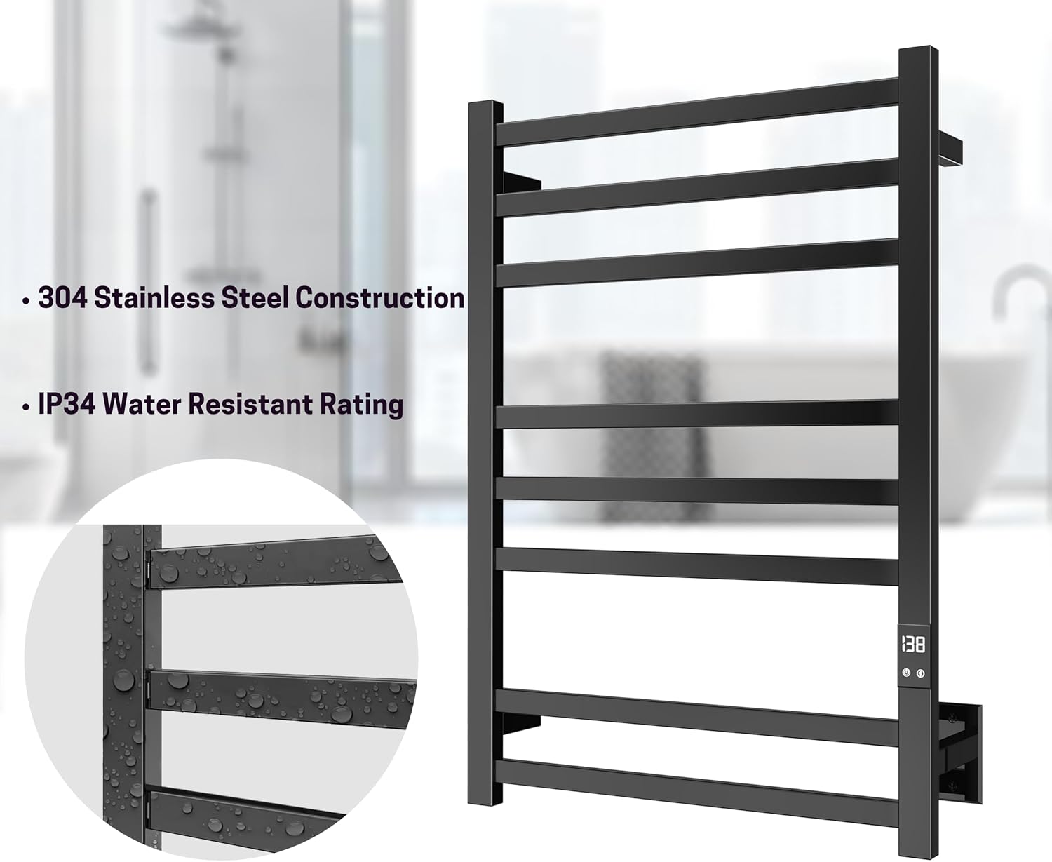 Heated Towel Rack, 8-Bar Wall Mount, Matte Black Stainless Steel | 304 stainless steel, 115-155°F adjustable, 1-24H