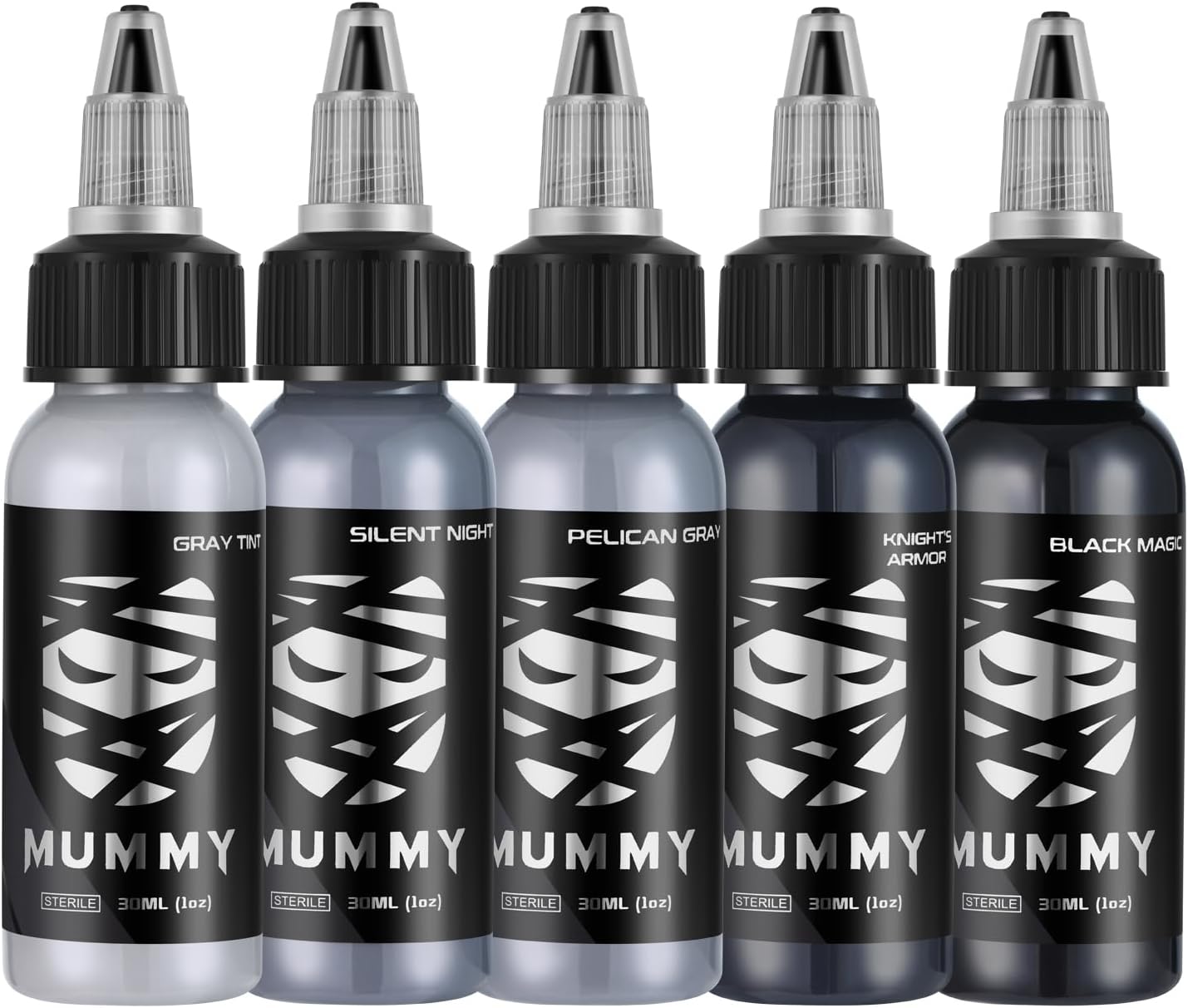 Grey Series Tattoo Ink Set - 5 Bottles (1 oz Each) Includes: Black Magic, Knight's Armor, Silent Night, Pelican Gray