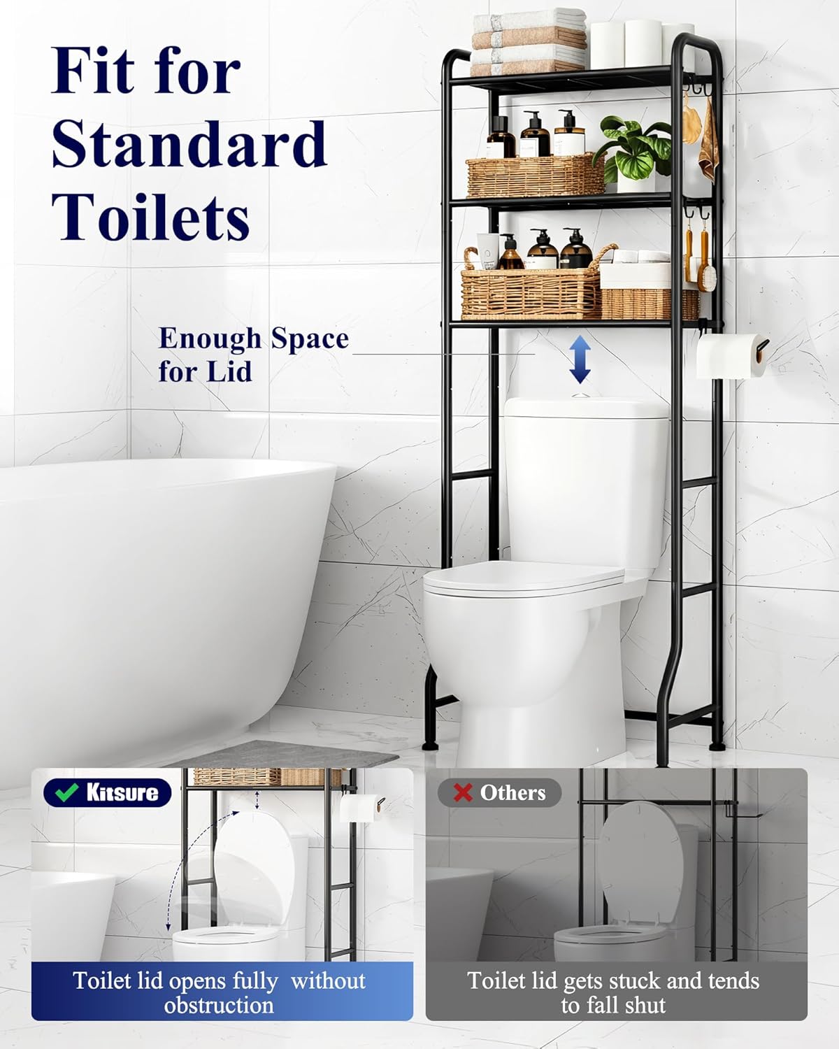 Over Toilet Storage Rack, 63.2" H Space-Saving, Holder & Hooks | Bathroom, Laundry Room, Small Spaces, Families