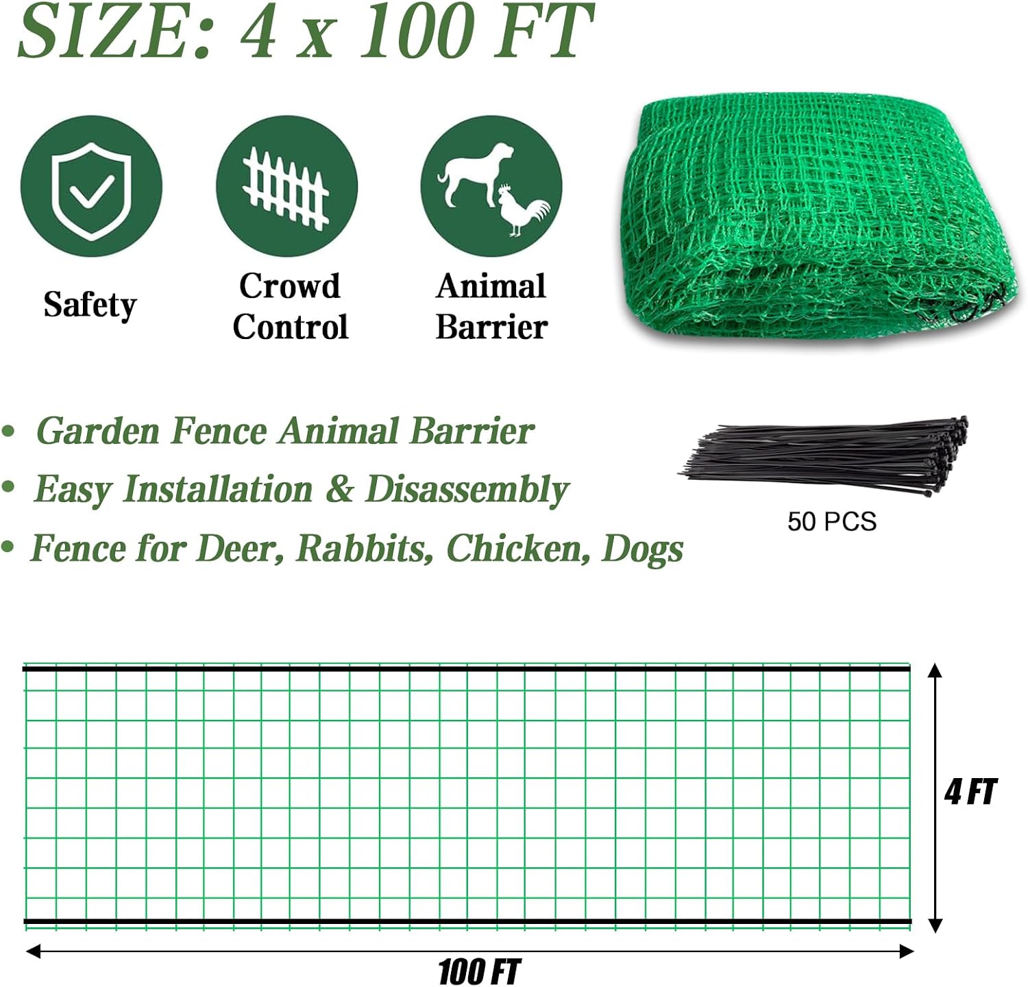 4x100 FT Garden Fence,0.4" Mesh Plastic Fencing Deer Netting Roll