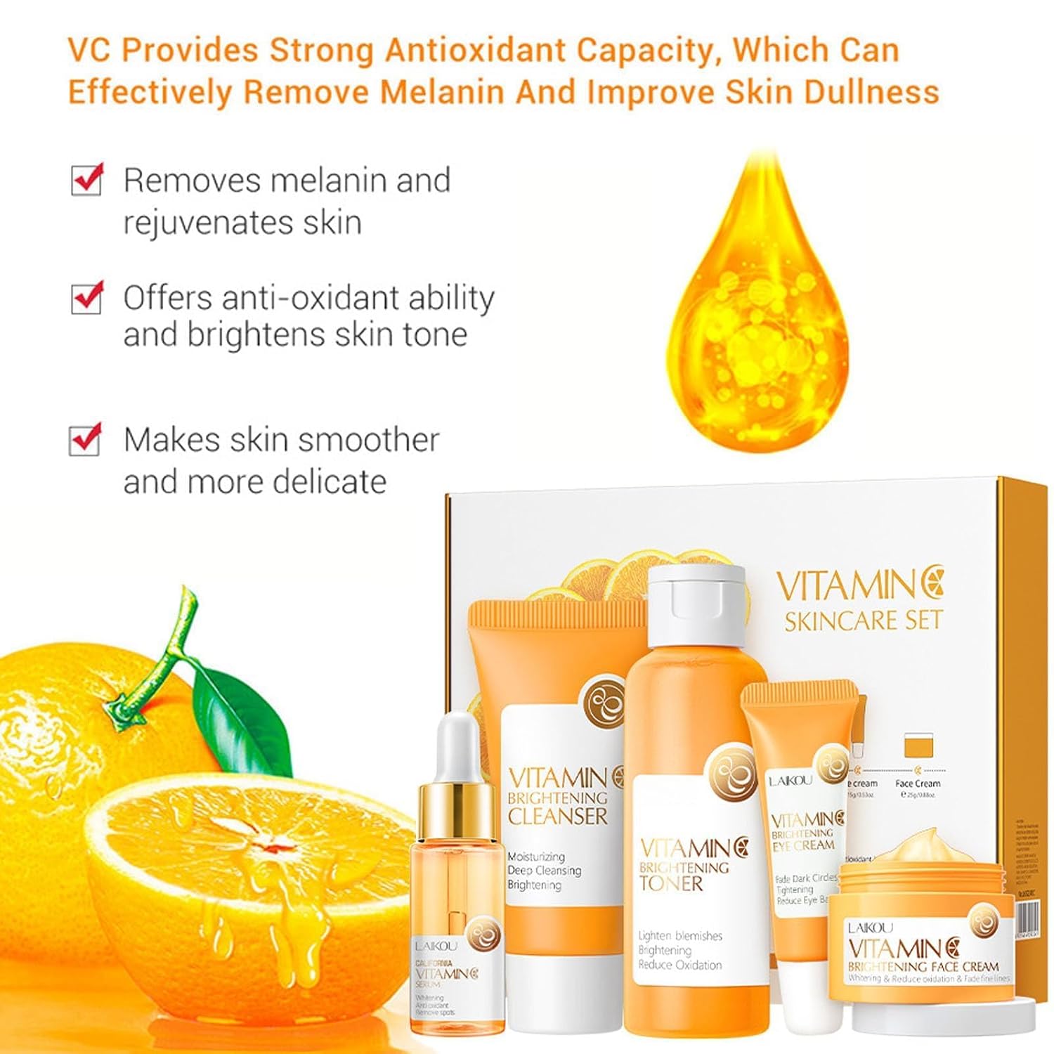 Vitamin C Skincare Set, 5-In-1 Skincare Gift Set With Cleanser, Toner, Face Serum, Face Cream, And Eye Cream, Skin