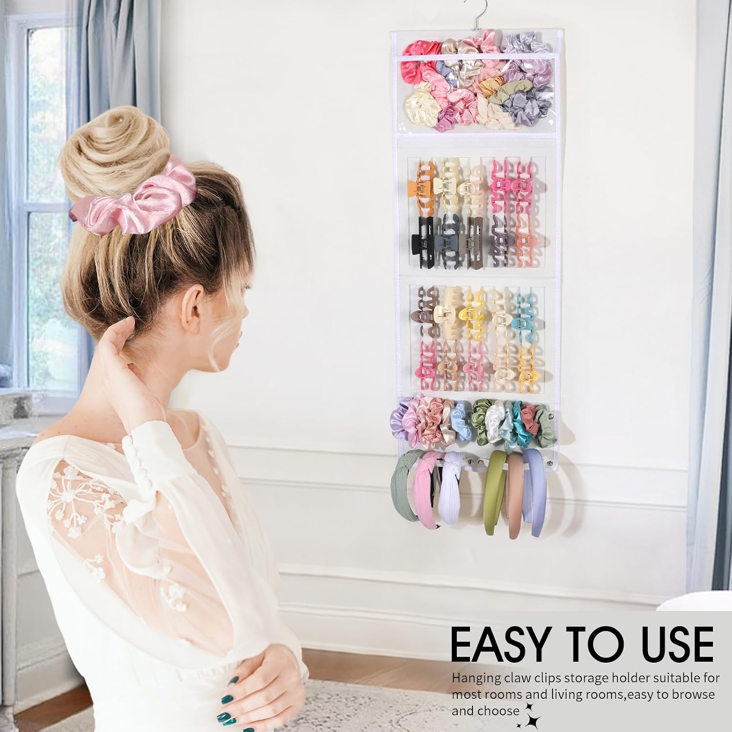Hair Claw Clip Organizer, Large Transparent Bag for Scrunchies Holder and Hair Ties Organizer with Women Girls, Hair