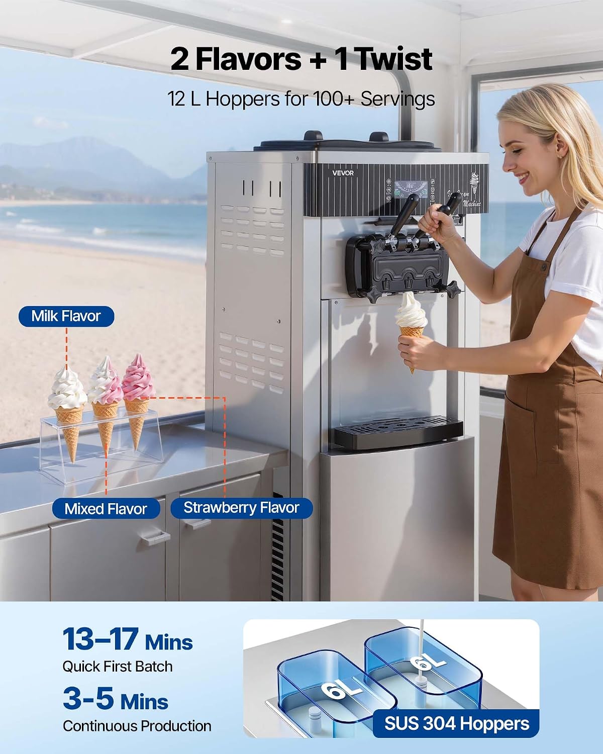 Commercial Ice Cream Machine, 20-28L/H Yield, 2200W 3-Flavor Freestanding Soft Serve Ice Cream Maker with 2 x 6L
