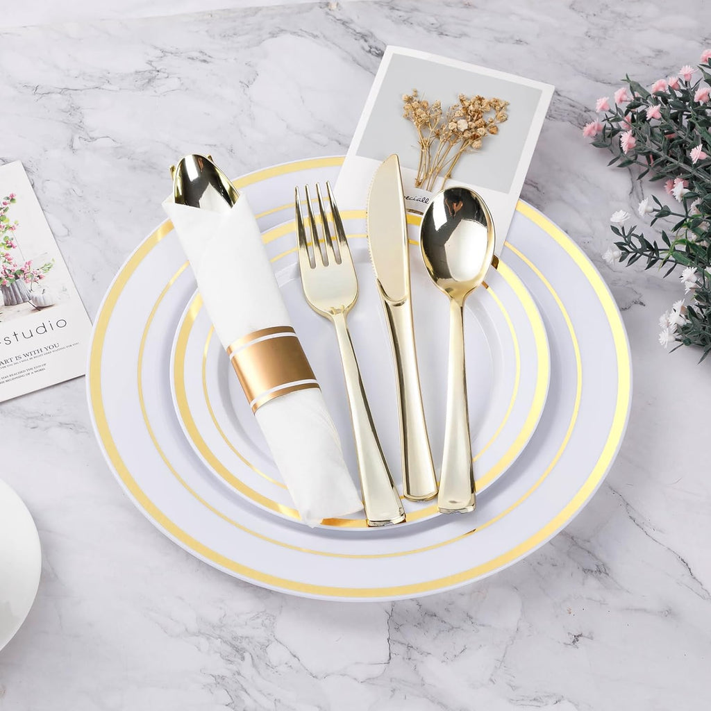 350 Piece Gold Plastic Dinnerware Set for 50 Guests