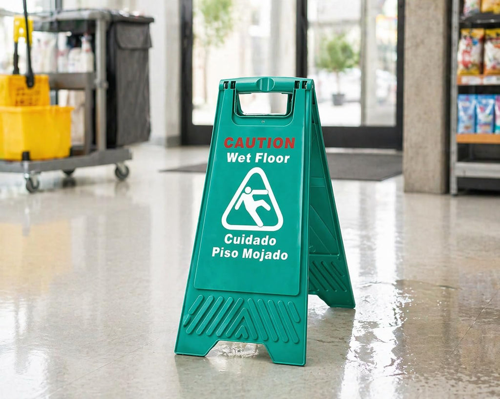 Caution Wet Floor Sign, 25 Inches, A-Frame, Green, Bilingual
