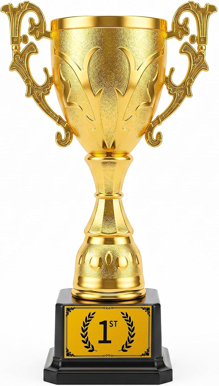 1st Place Trophy Award, Gold Plastic Cup with Adhesive First Place Plate and Black Base, Approx. 8.27 in Tall, Winner