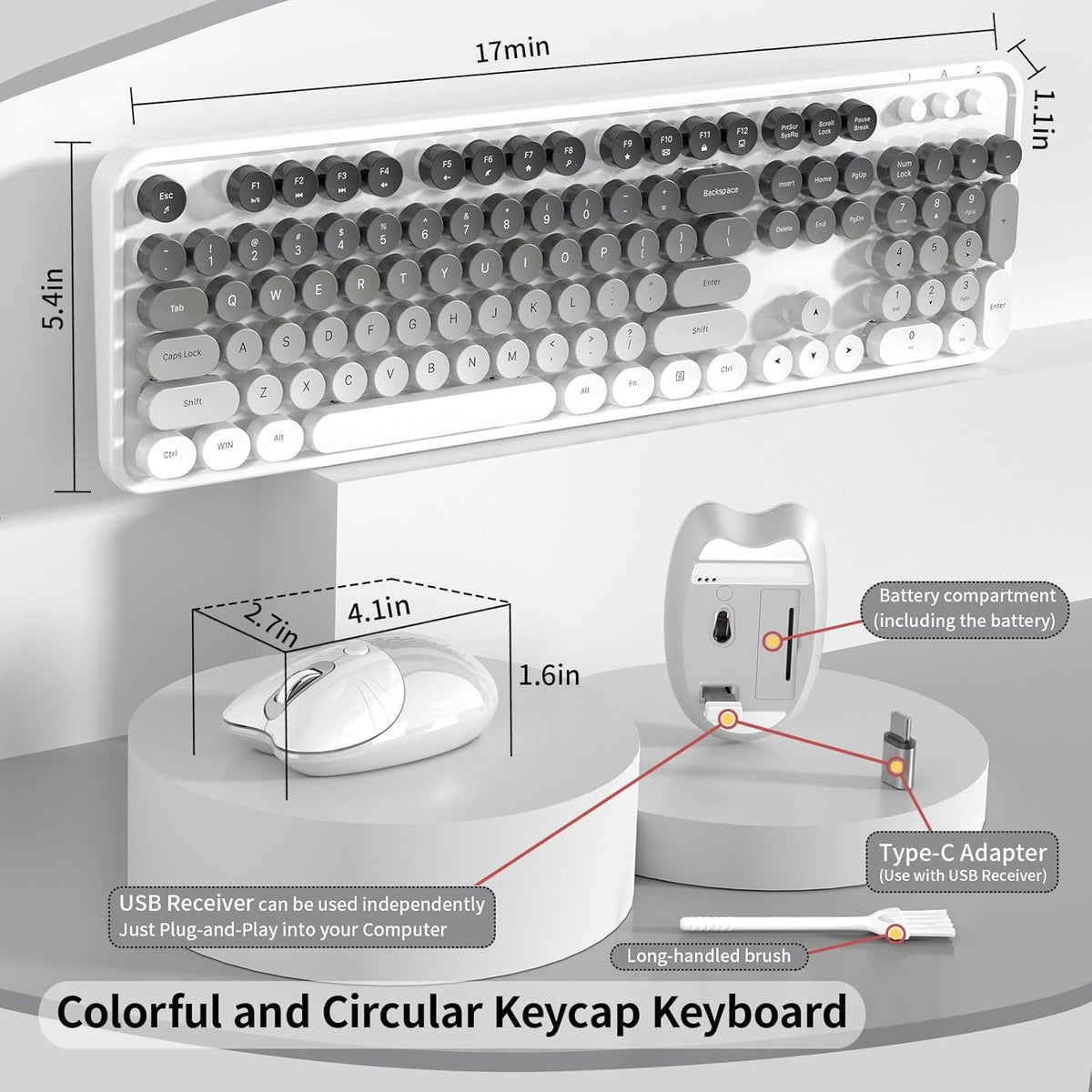 Creamy Wireless Keyboard and Mouse, MOFII 104 Round Keycaps Retro Typewriter with OTG & Brush, Full-Size Ergonomic