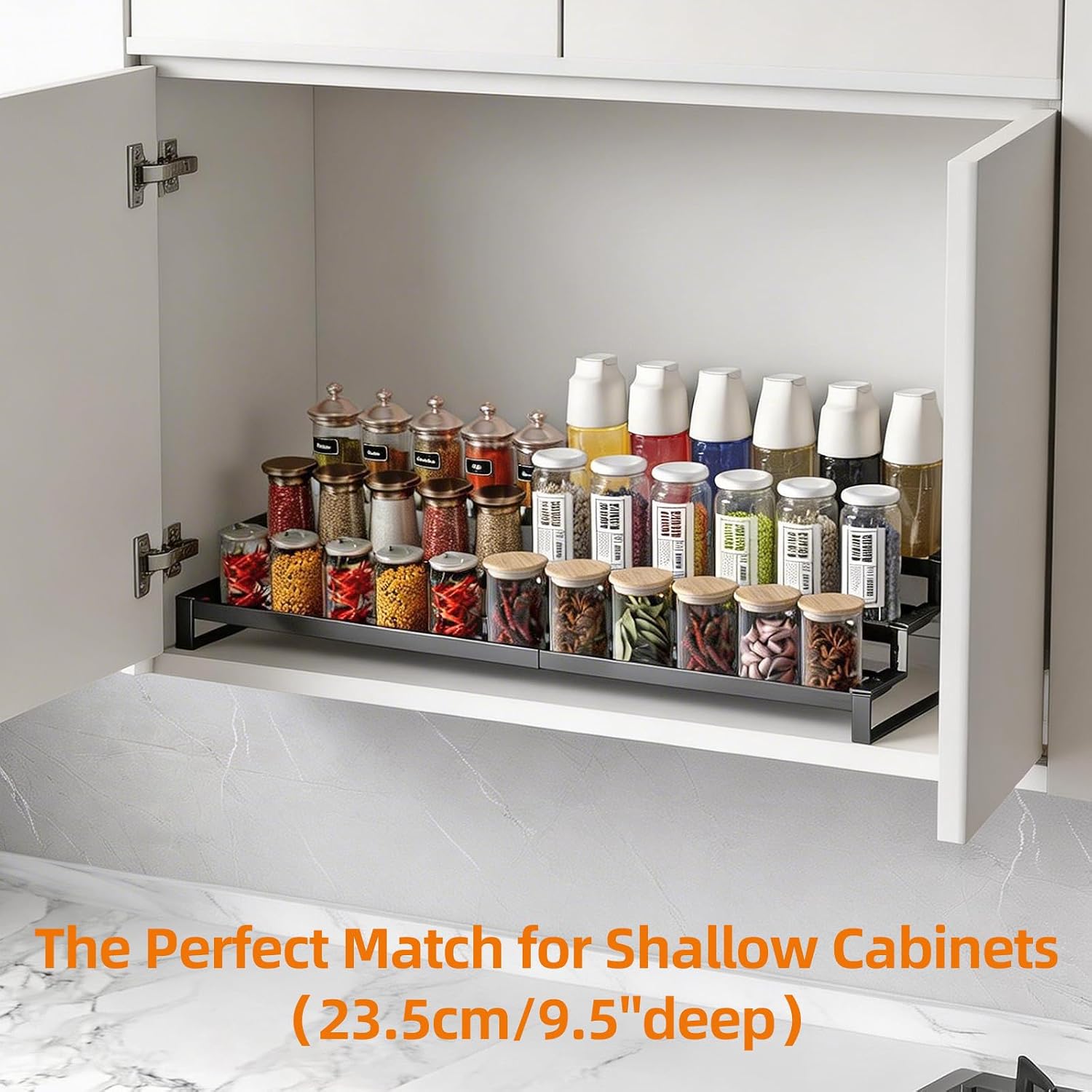 3 Tier Expandable Spice Rack Organizer, Heavy-Duty Black Metal Seasoning Organization Shelf for Cabinet, Kitchen &