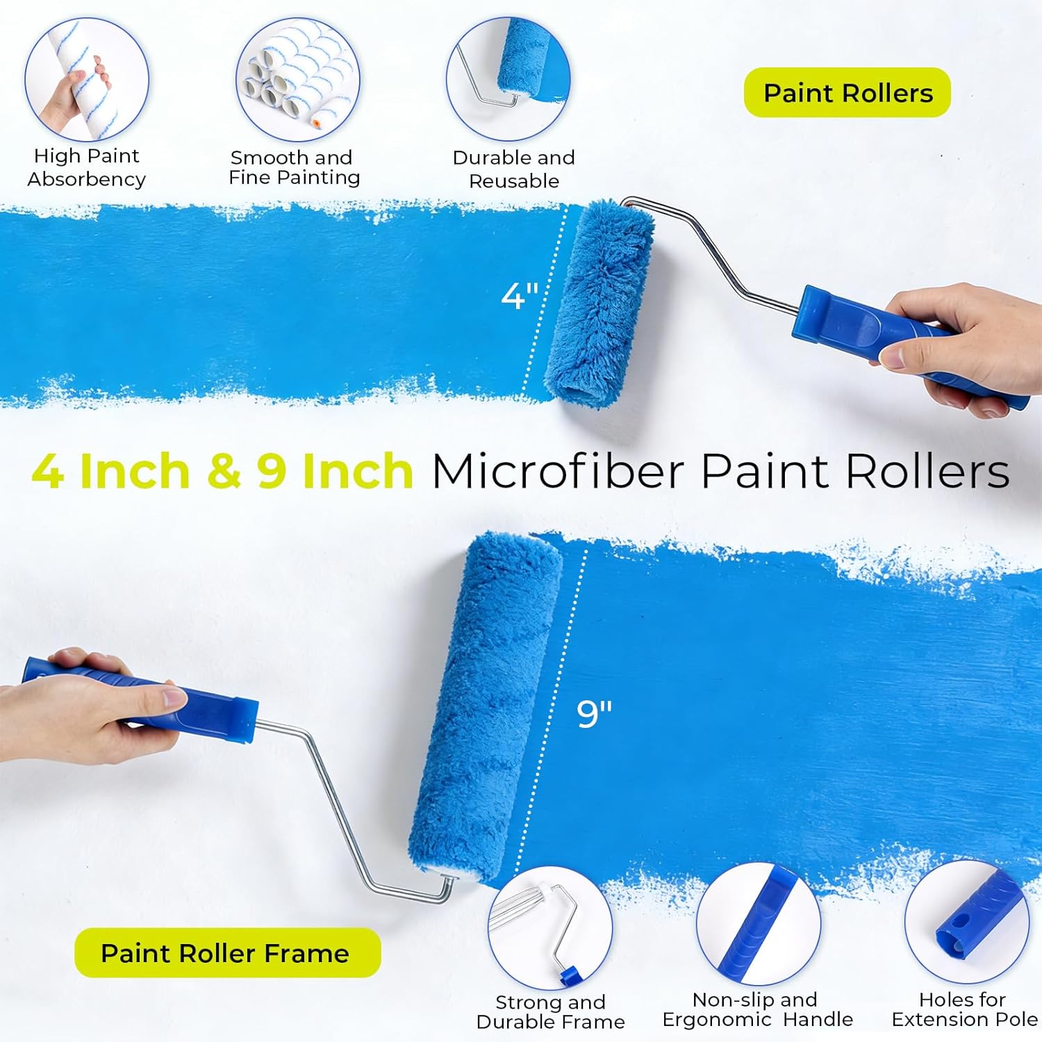34PCS Paint Roller Kit with 2 to 4 Ft Extension Pole, 4" & 9" Paint Rollers with 11'' Tray, Paint Brushes, Painting