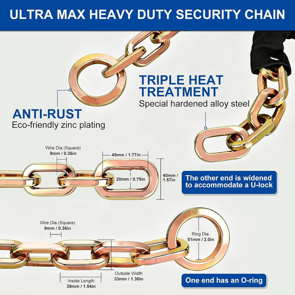 Heavy Duty Security Chain, 10FT x 3/8" Thick | Hardened Steel, Cut Proof, Anti-Theft Lock Chain