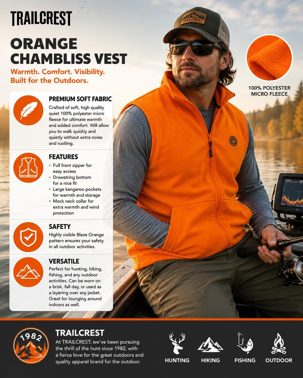 by Treel Men's Fleece Safety Blaze Orange High Visibility Hunting Vest