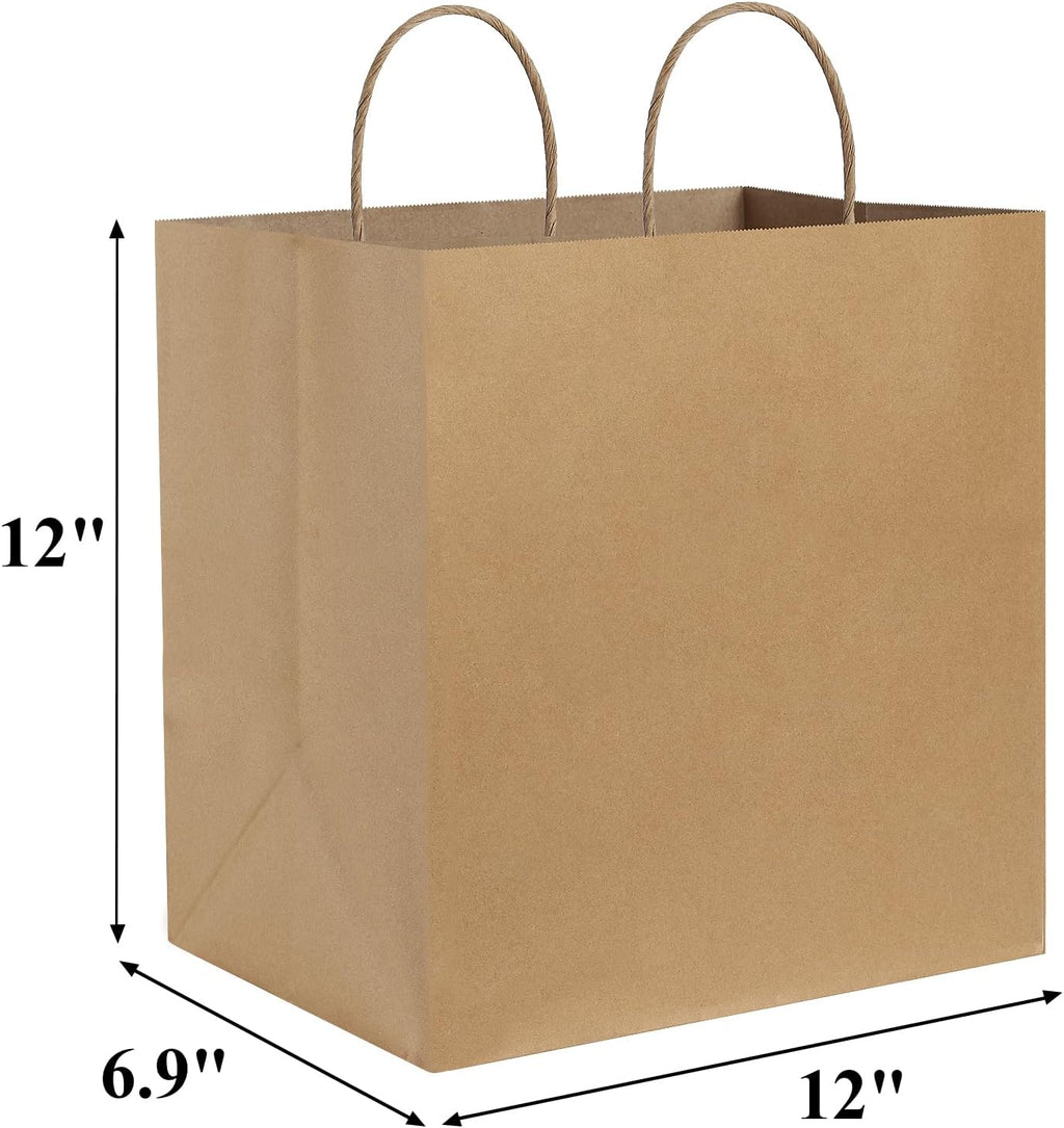 Kraft Paper Bags with Handles 12x7x12 Inch Large Brown 100 Bulk