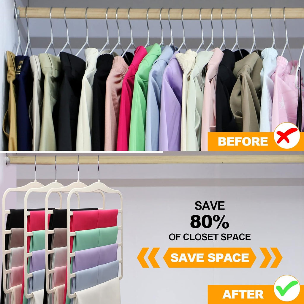 Closet Organizers and Storage, 5 Pack Velvet Pants-Hangers-Space-Saving | Non Silp 5 Tier Clothes-Hanger for