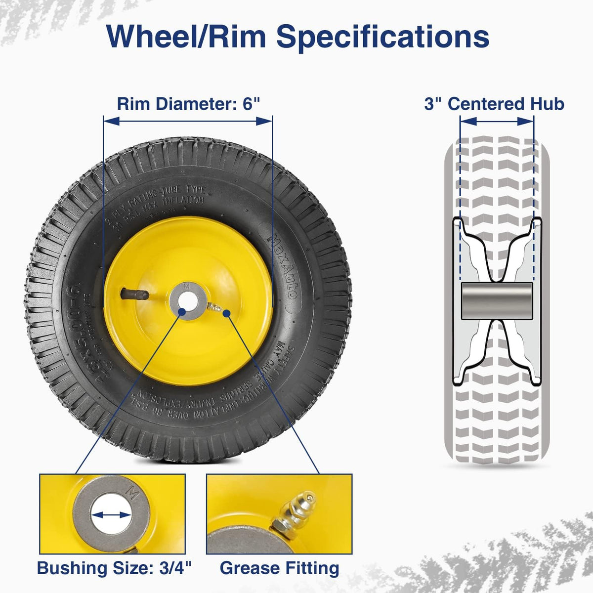 13x5.00-6 Lawn Mower Tires with Rim 13x5-6 NHS Pneumatic Tires with Tube, 3" Centered Hub, 3/4" Bushings