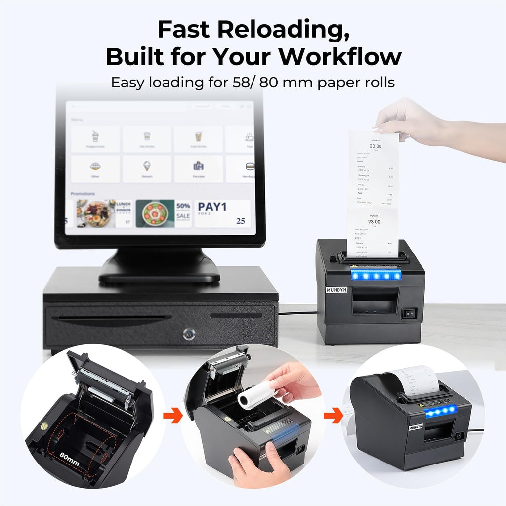 P068 Thermal Receipt Printer 80mm 3 1/8" POS Printer Auto Cutter | Direct thermal printer with USB serial Ethernet