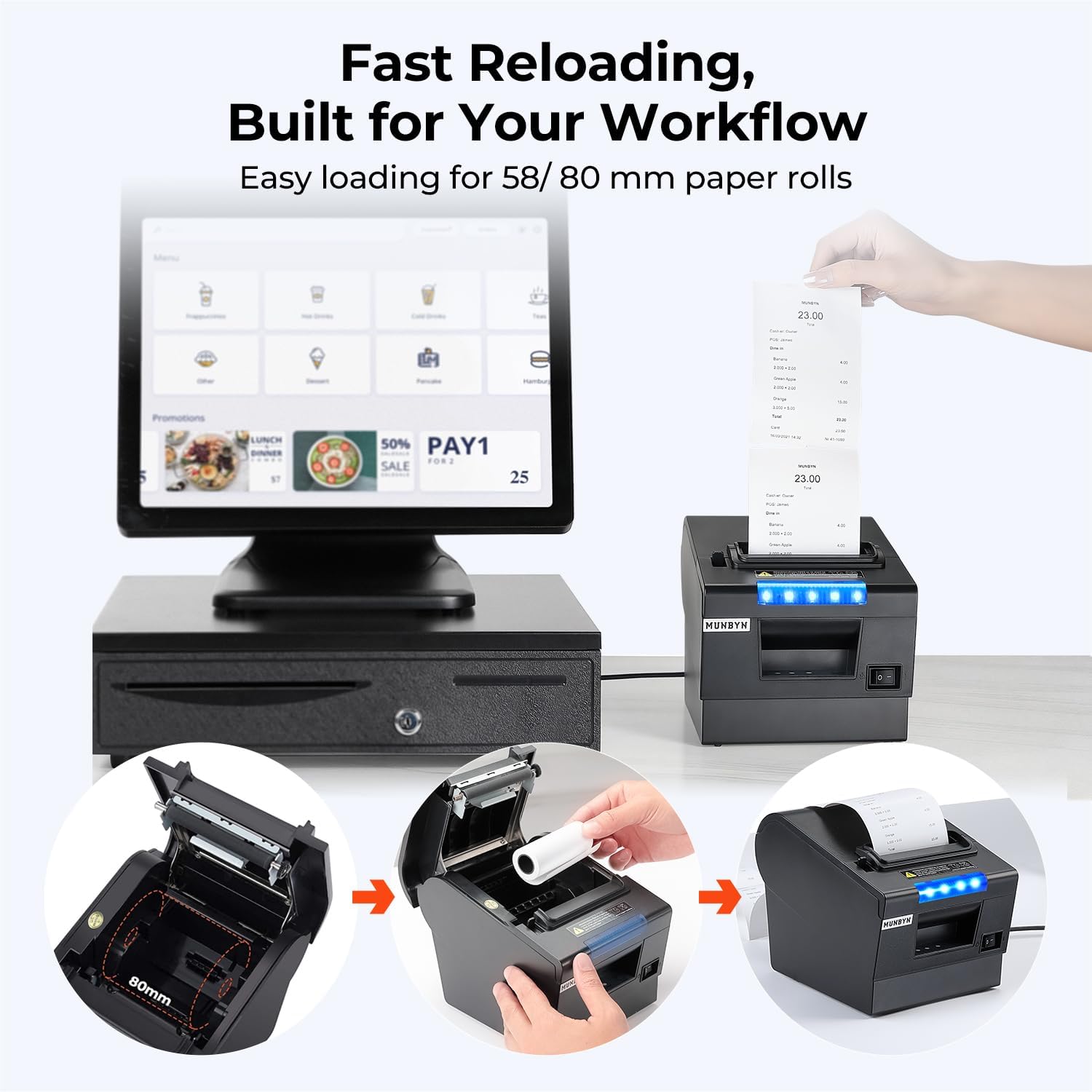 P068 Thermal Receipt Printer 80mm 3 1/8" POS Printer Auto Cutter | Direct thermal printer with USB serial Ethernet