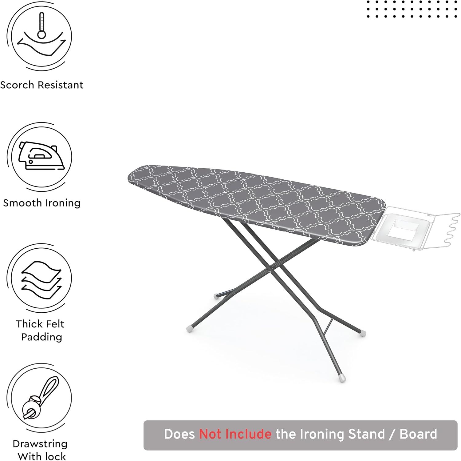 Ironing Board Cover and Pad, Thick Felt 49"x18" | Grey Tiles, 100% Cotton Surface | Scorch & Stain Resistant | Heavy