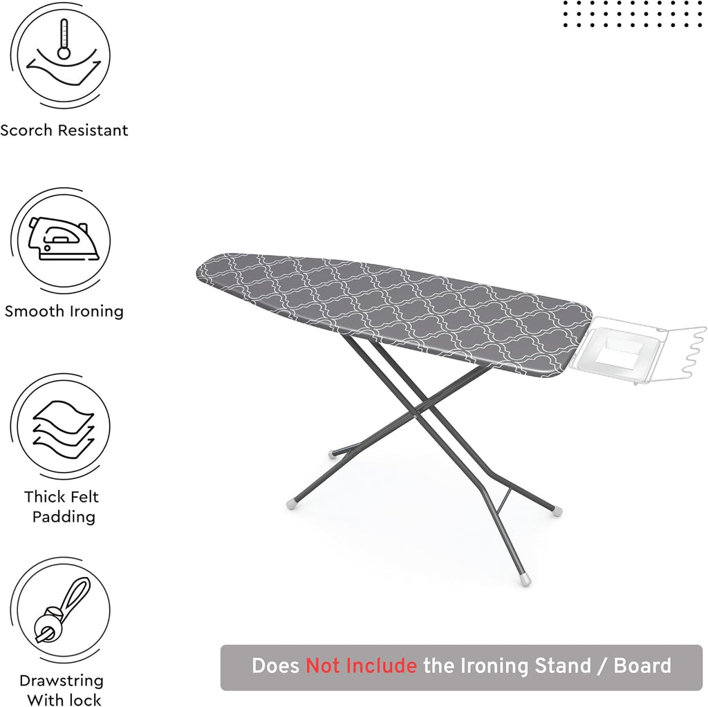 Ironing Board Cover and Pad, Thick Felt 42"x14" | Grey Tiles, 100% Cotton Surface | Scorch & Stain Resistant | Heavy
