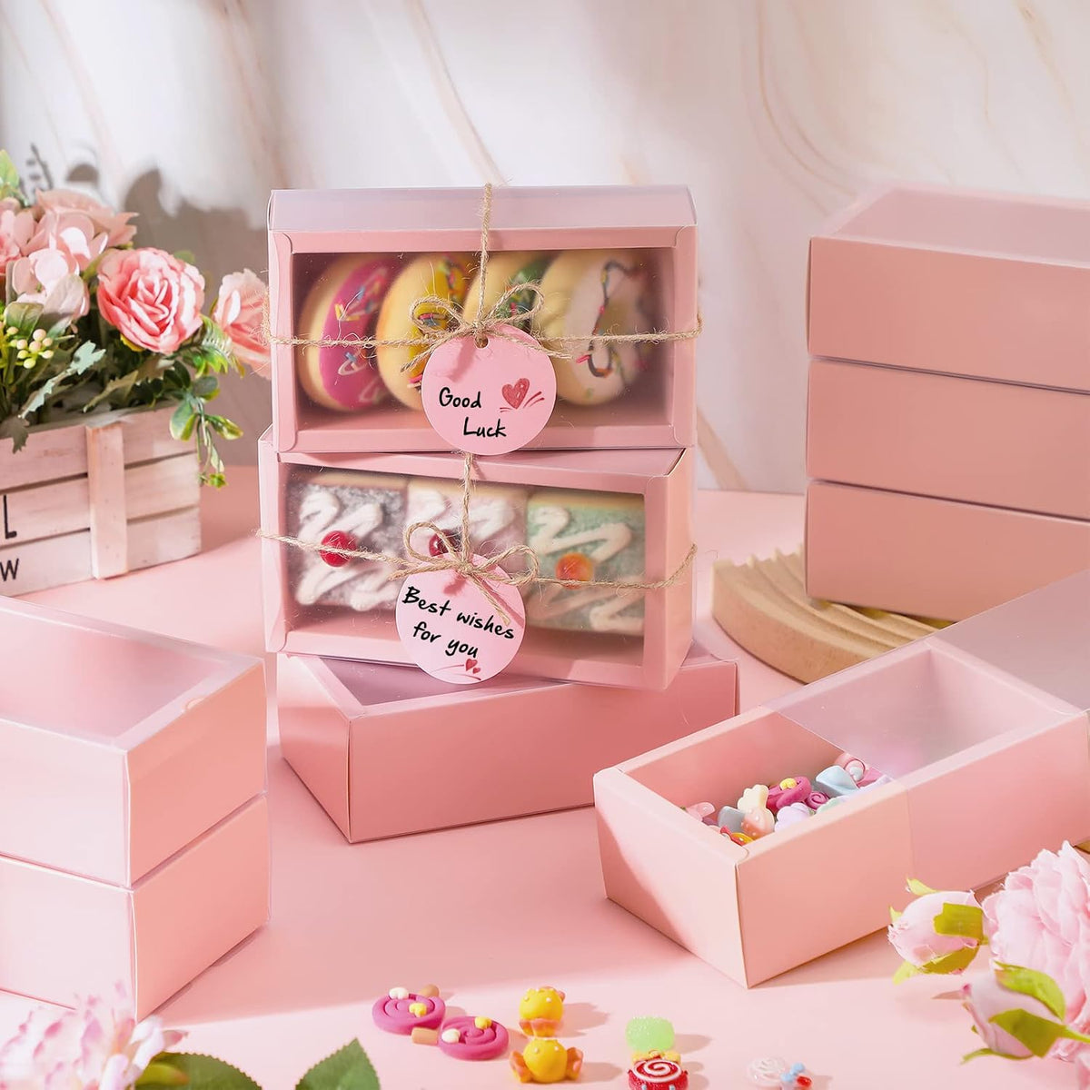 50 Sets Gift Boxes Kraft with Tags, 6.3 x 3.5 x 2 Inch, Pink