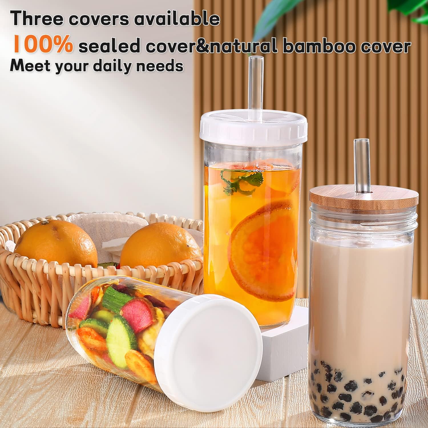 Glass Cups with Lids and Straws,24 oz Smoothie Cup with Lid and Straw-Boba Mason Jar,Matcha Cup Wide Mouth Reusable