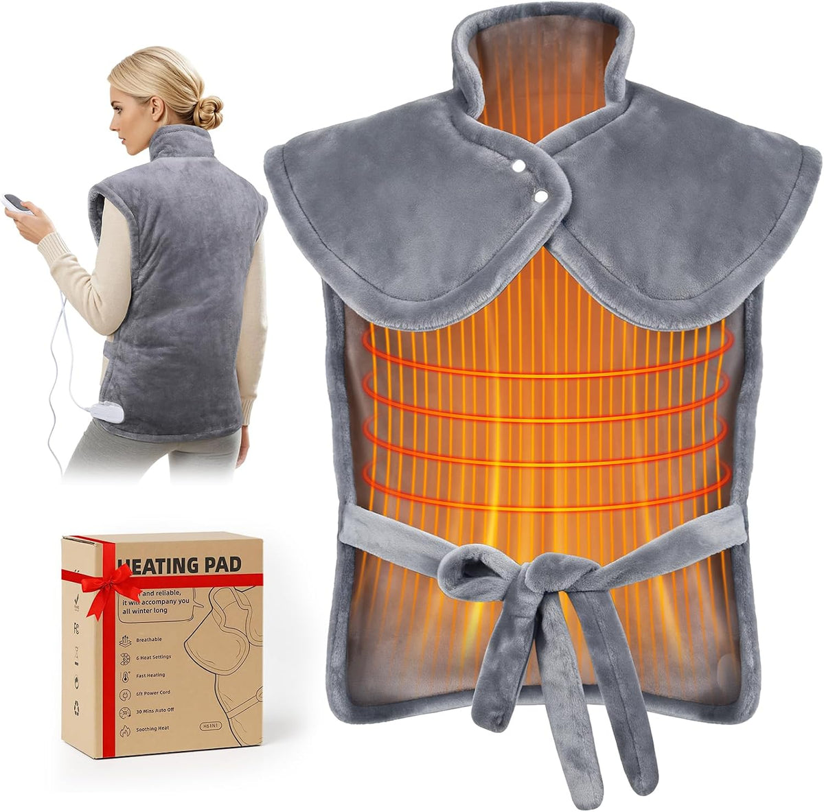 Heating Pad for Neck and Shoulders and Back, 6 Heat Settings & 4 Timer Deeper Pain Relief, Auto Shut Off, 29 * 38"