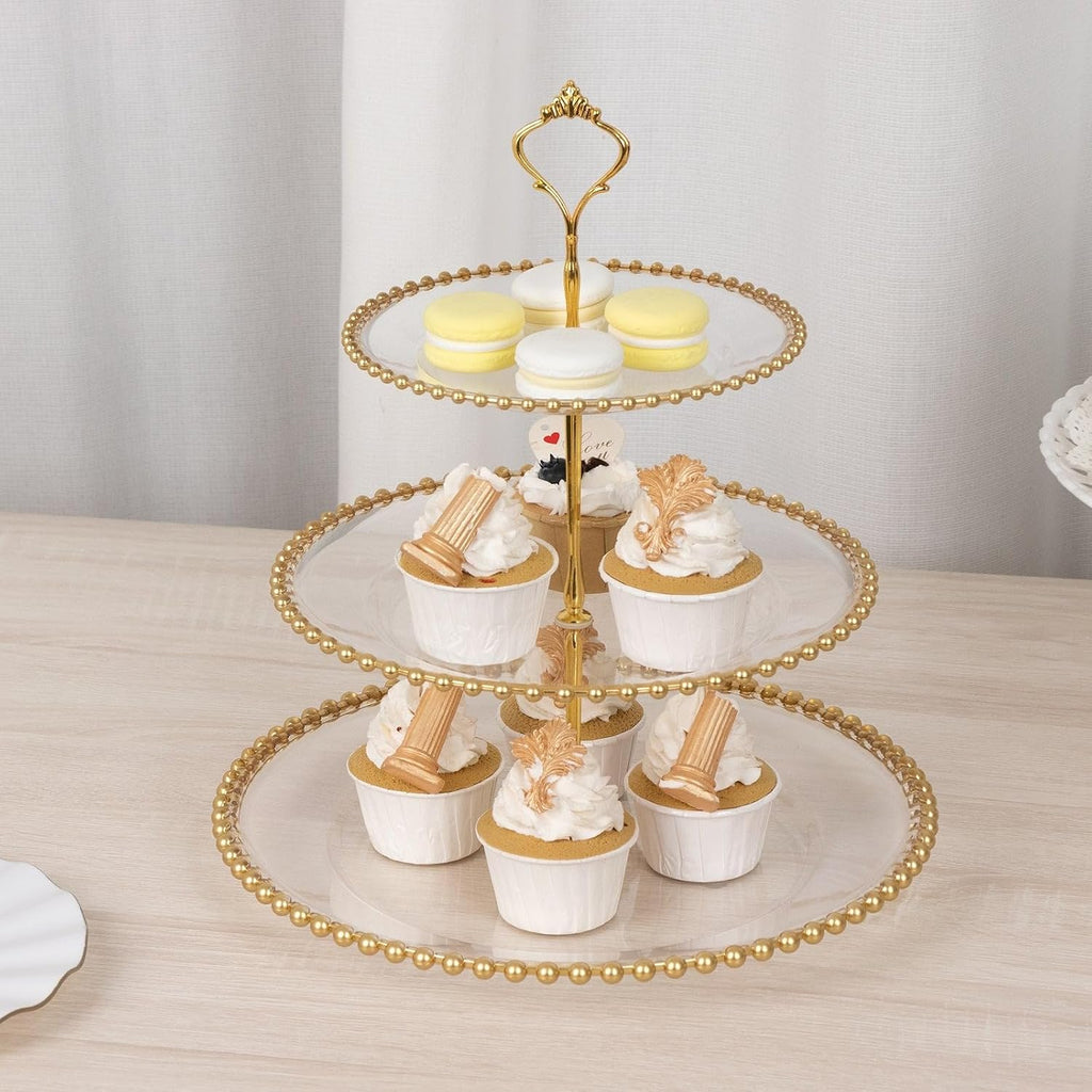 3-Tier Clear 14" Round Plastic Cupcake Tower Stand Gold Beaded Rim | Display Riser for Birthday Wedding Party Events