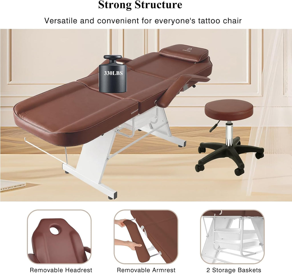 Facial Chair,73″ Tattoo Chair for Client,3-Section Adjustable Massage Table with Stool,Multipurpose Beauty Beds Salon