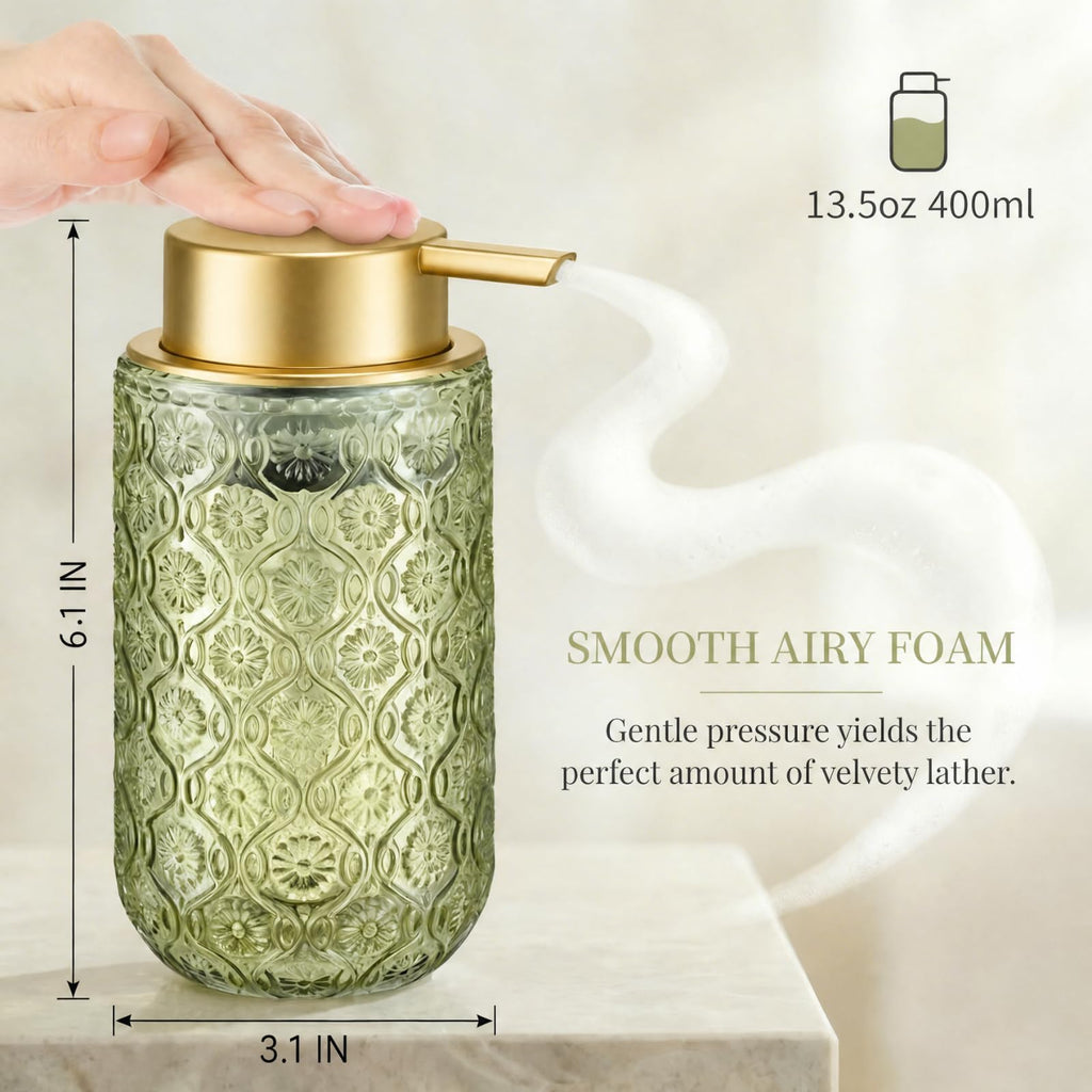 Green and Gold Glass Foaming Hand Soap Dispenser