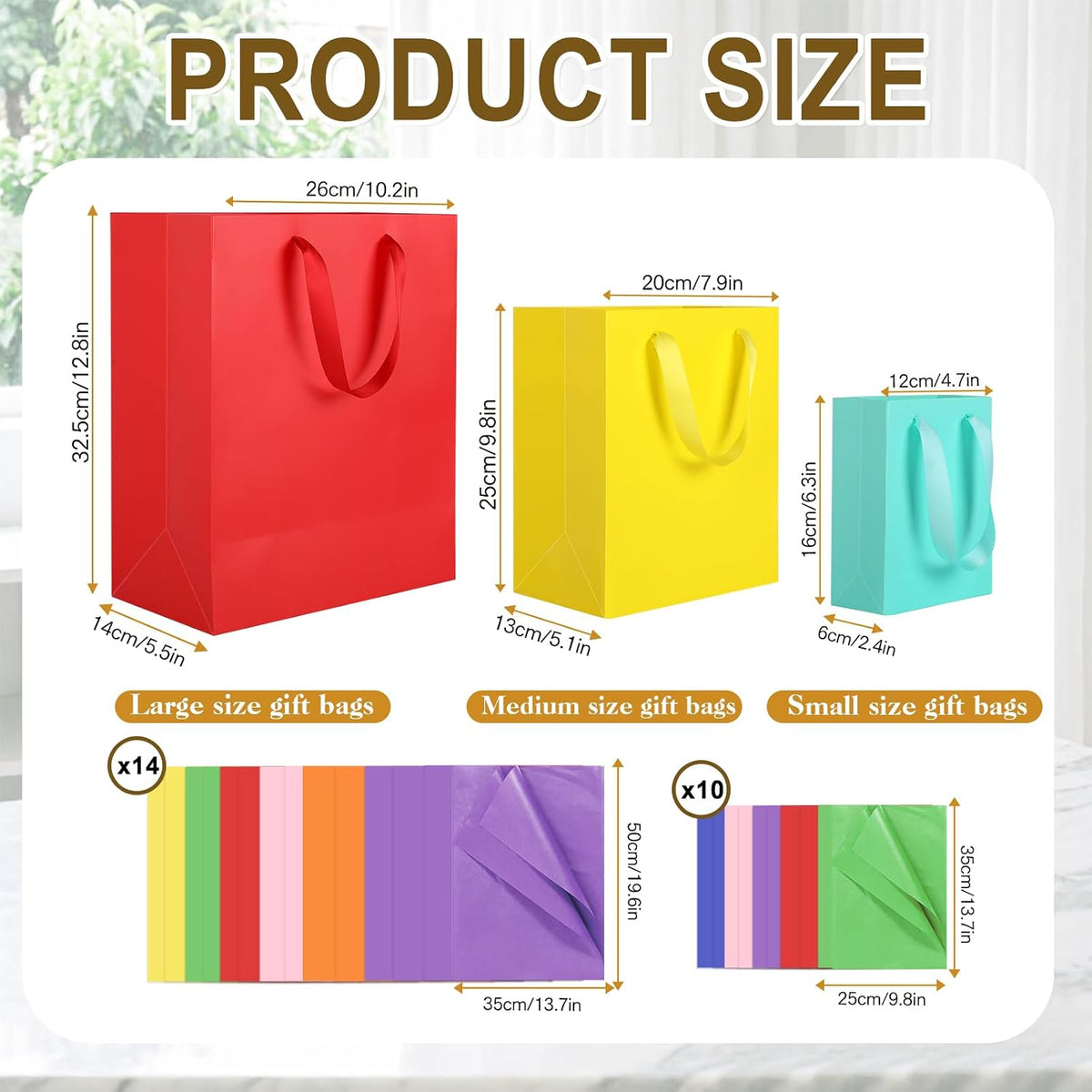 12 Pack Gift Bags with Handles & 24 pc Tissue Paper, Assorted Sizes