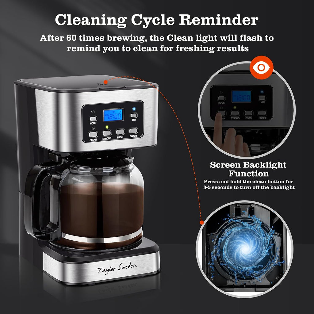 12-Cup Programmable Coffee Maker, Black & Stainless Steel | Regular & Strong Brew Drip Coffee Machine for Home and