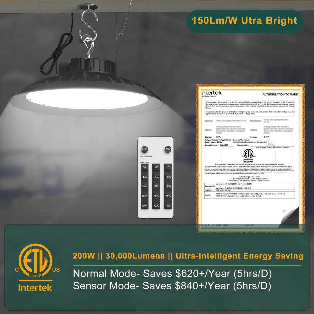 6Pack Smart 200W LED High Bay Shop Lights Motion Sensor UFO Lights