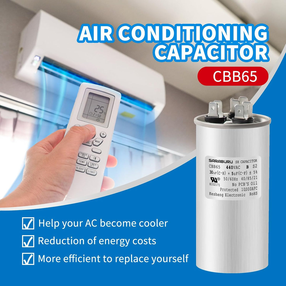 CBB65 Capacitor 30+5 µF ±5% 370V/440V for AC