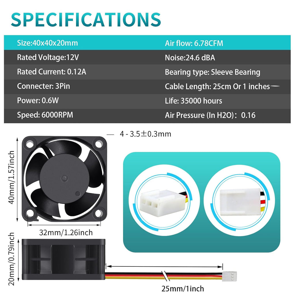 Wathai 40mm x 20mm 3pin Computer Case Fan 12V DC Brushless Cooling Motor