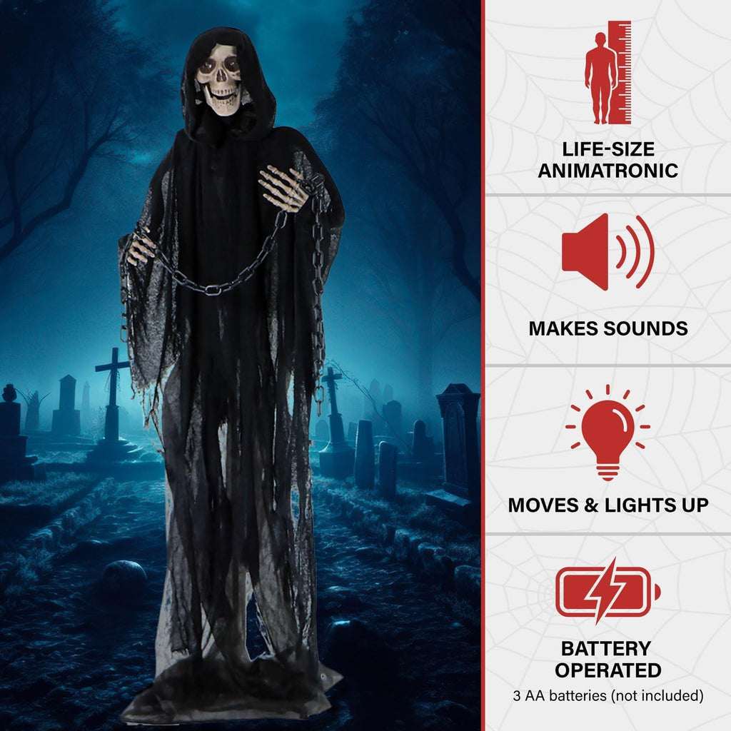 Life-Size Scary Grim Reaper with Chain, Halloween Animatronic with Touch Activated Lights and Sounds, Battery