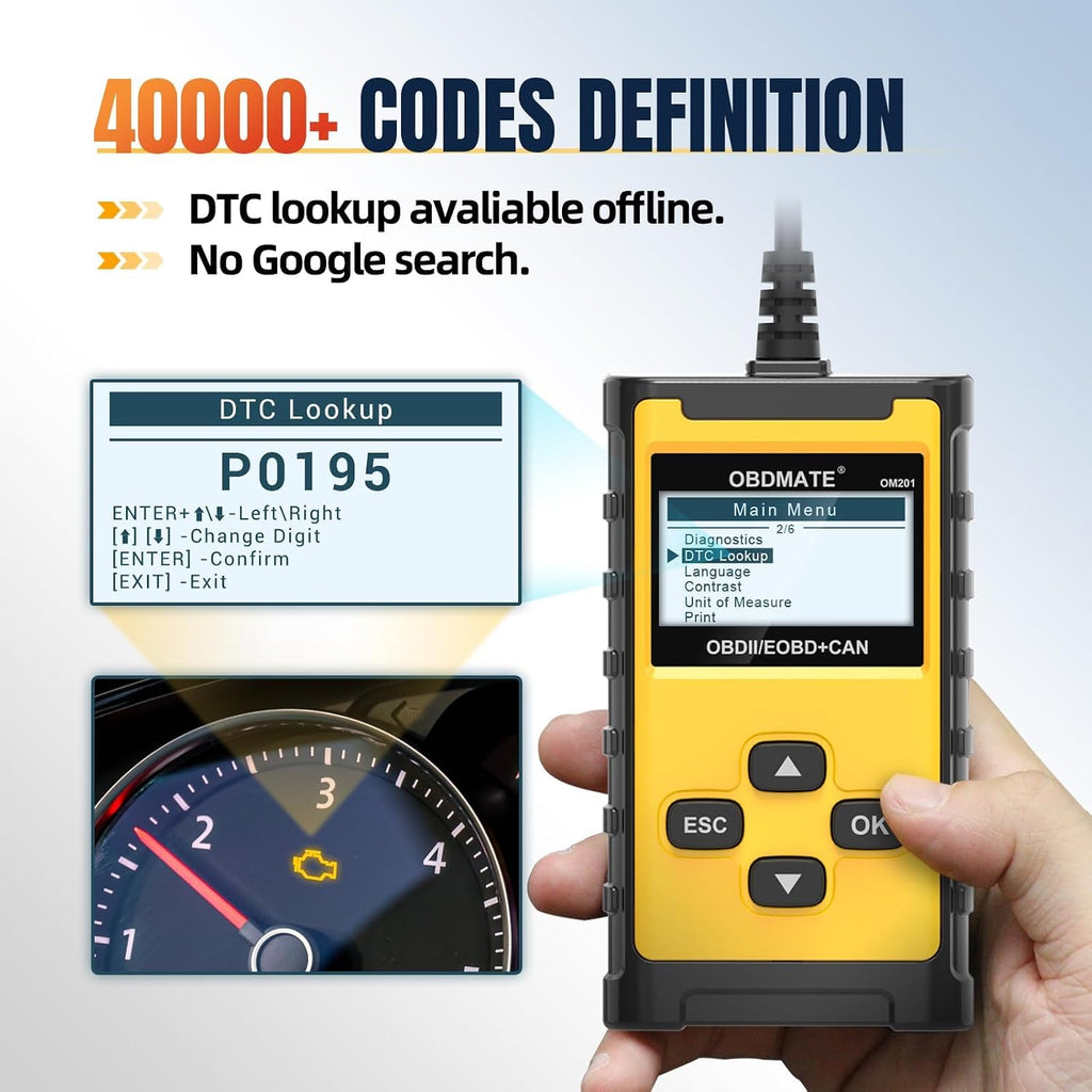 Check Engine Code Reader, OBDMATE OM201 OBD2 Diagnostic Tool | Clearing Faulty Codes with Wireless Printing | Graphic