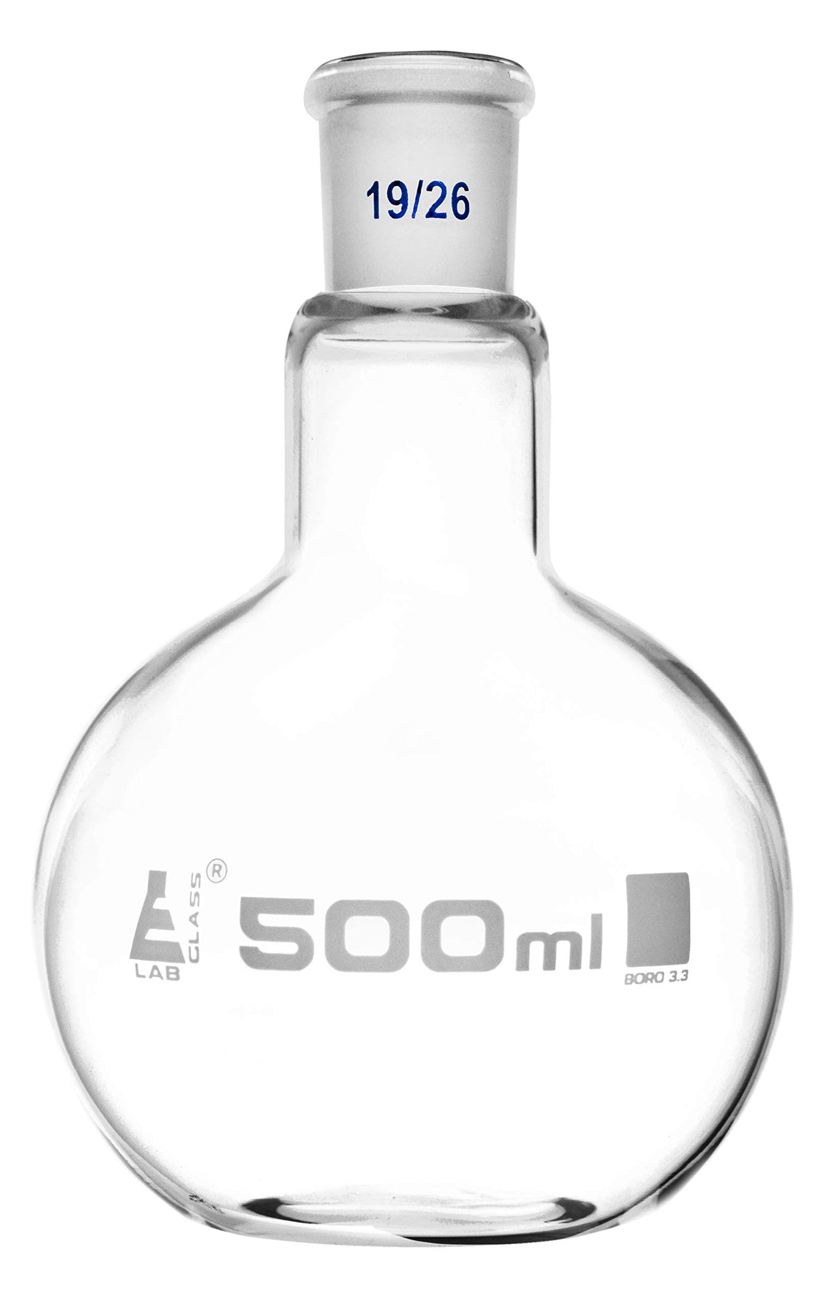 Florence Boiling Flask, 500ml - 19/26 Joint, Interchangeable - Borosilicate Glass - Flat Bottom, Short Neck