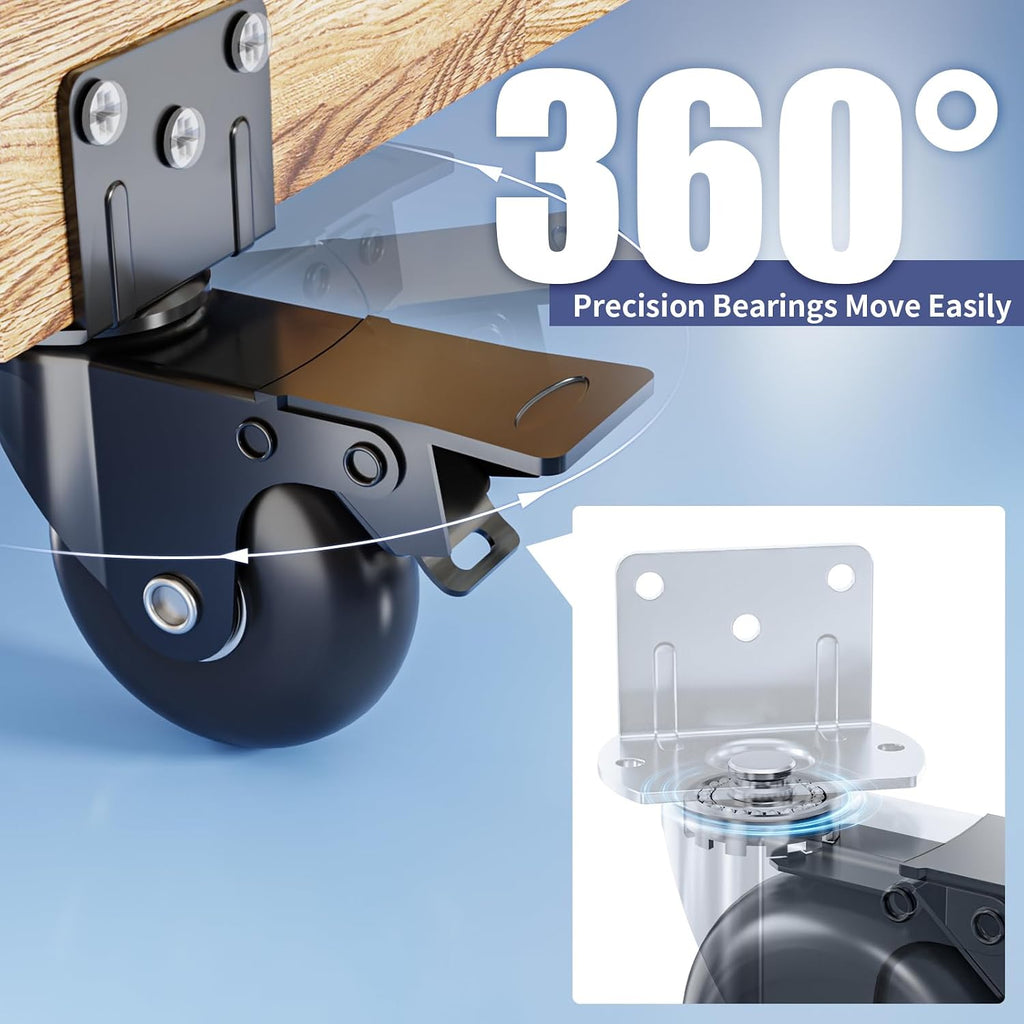 2 in Side Mount Plate Caster Wheels Heavy Duty 800 LBS | Thickened L-Shaped, 360° Swivel, Locking Dual Brake, Quiet