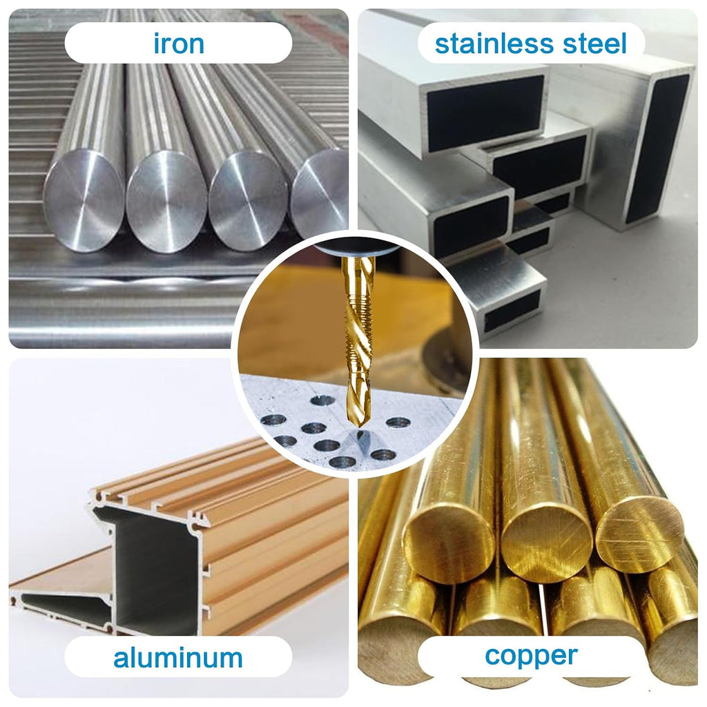 6-pc 10-32NC Combination Drill Tap Bit Set SAE, 10-32NC Thread Size, Titanium Coated High-Speed Steel, Ideal for Drilling Threading and Countersinking in Soft Metal Wood and Plastic, 1/4” Hex Shank