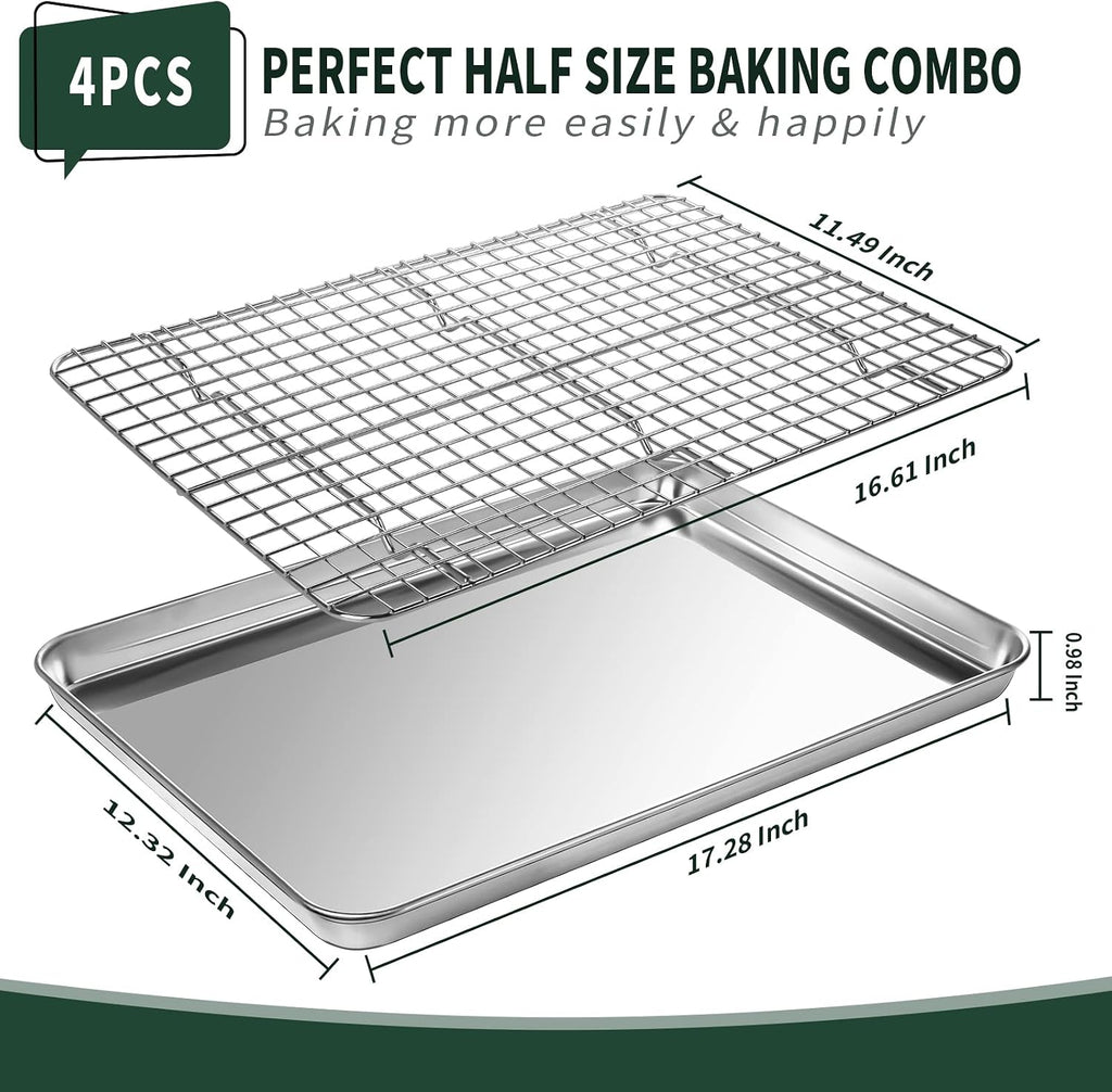 Half Sheet Pans with Rack Set [2 Pans + 2 Racks], CEKEE Stainless Half Size Large Baking Sheets with Rack -18 Inch