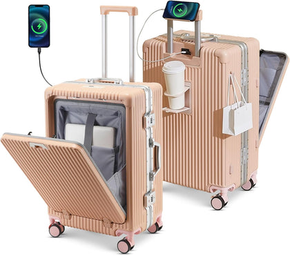 20 Inch Carry On Luggage with Front Pocket, Aluminum Frame Hardside Carry On Suitcase Airline Approved, Zipperless